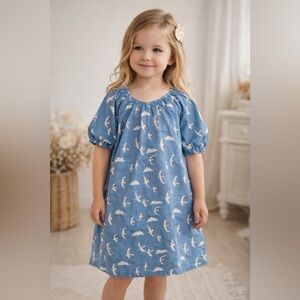La Palomo Blue Bird Print Dress Size 4–5Y Puff Sleeve Elastic Neck